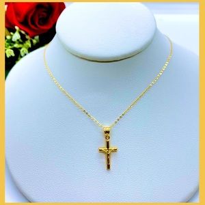 18K Real Gold Small Cross Necklace 16-18”
